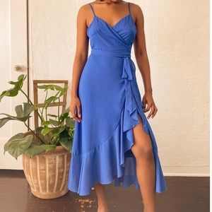 Manhattan Moment Blue Ruffled Midi Wrap Dress